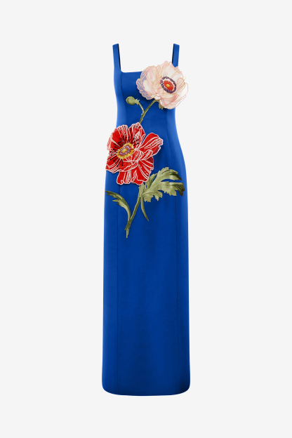 Satin Embroidered Square Collar Maxi Dress