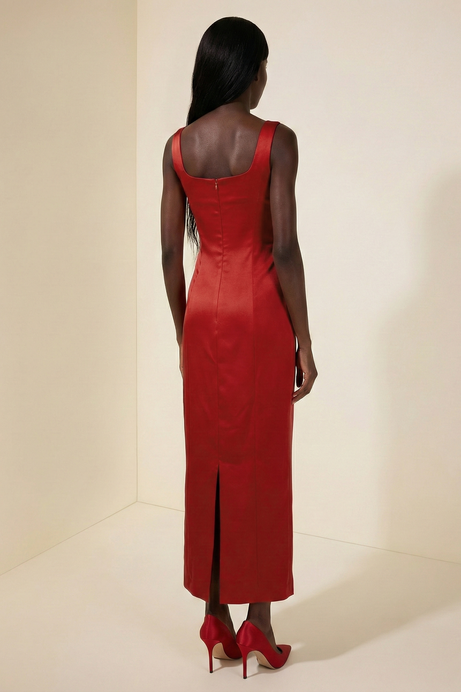 Satin Embroidered Square Collar Maxi Dress