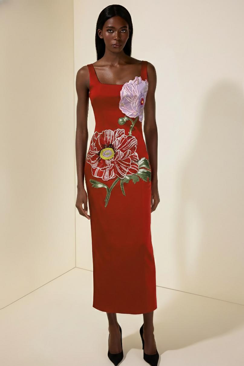 Satin Embroidered Square Collar Maxi Dress