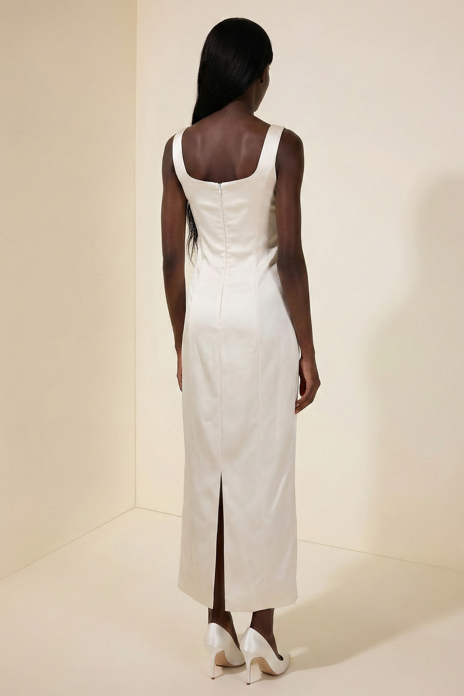 Satin Embroidered Square Collar Maxi Dress