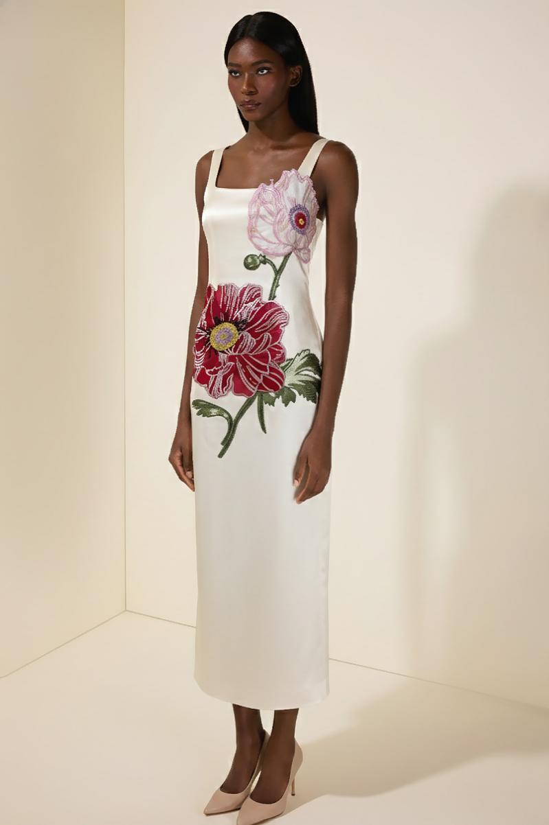 Satin Embroidered Square Collar Maxi Dress