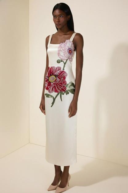 Satin Embroidered Square Collar Maxi Dress