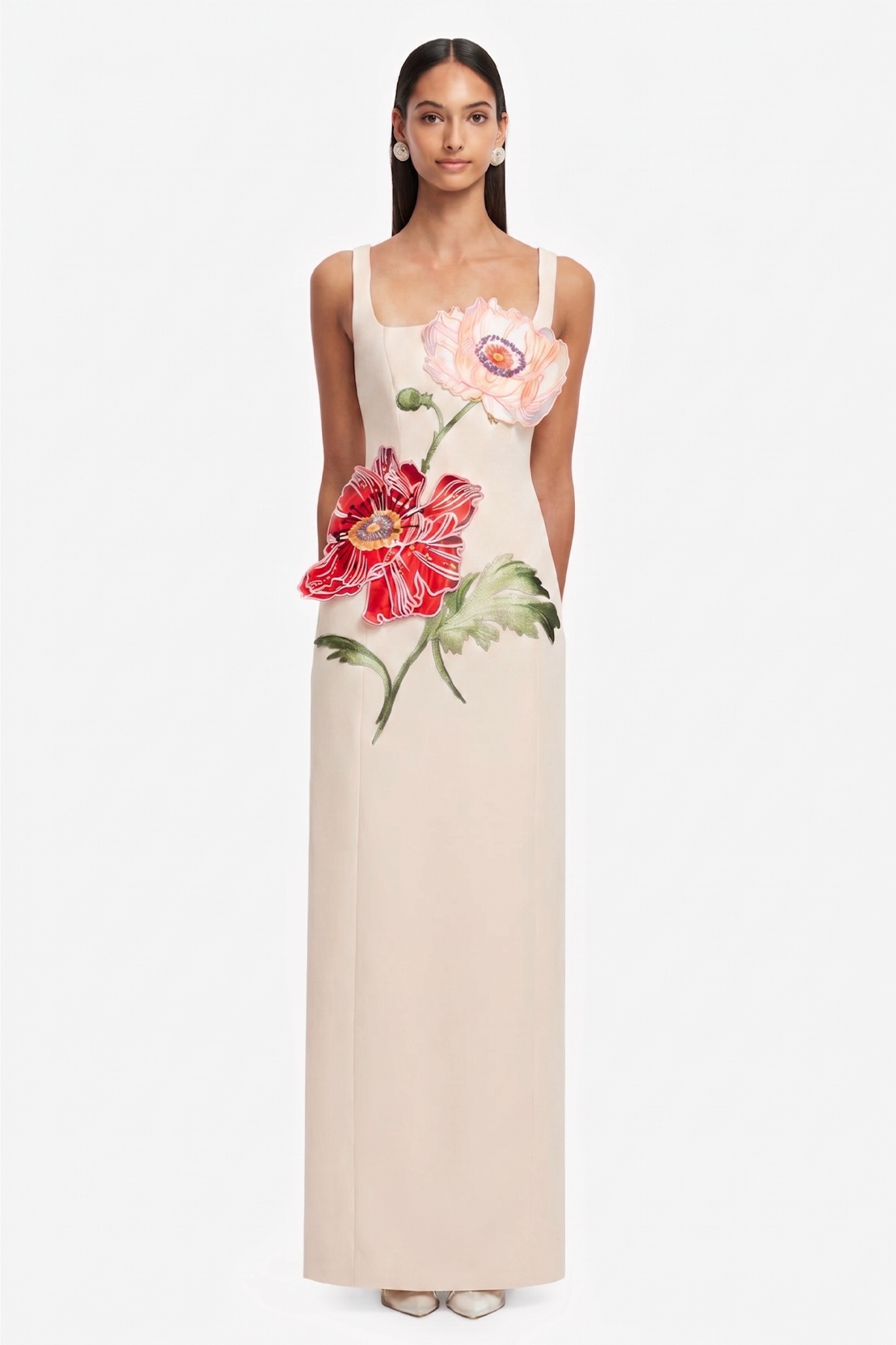 Satin Embroidered Square Collar Maxi Dress