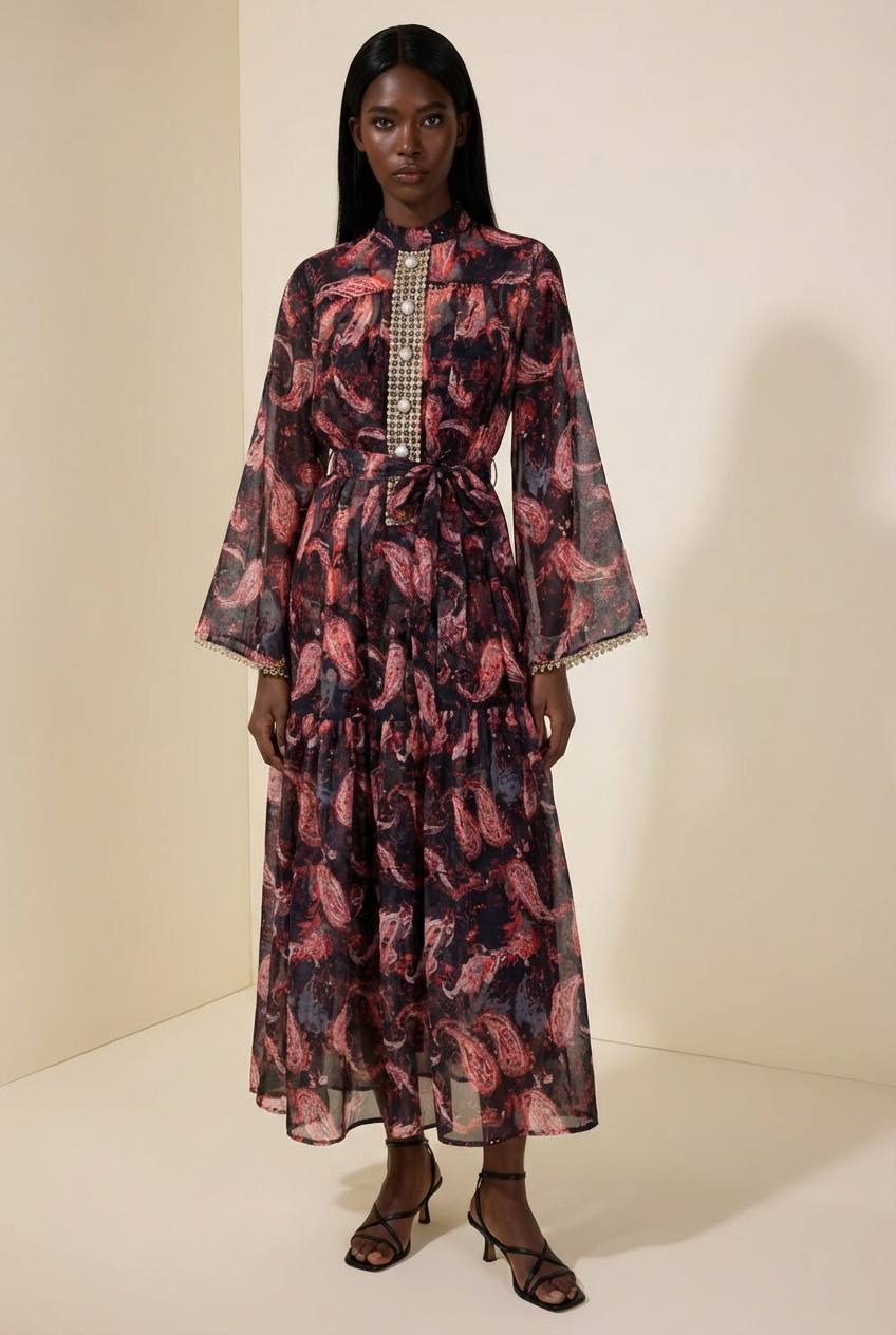 Paisley Print Stand Collar Lace Maxi Dress With Belt