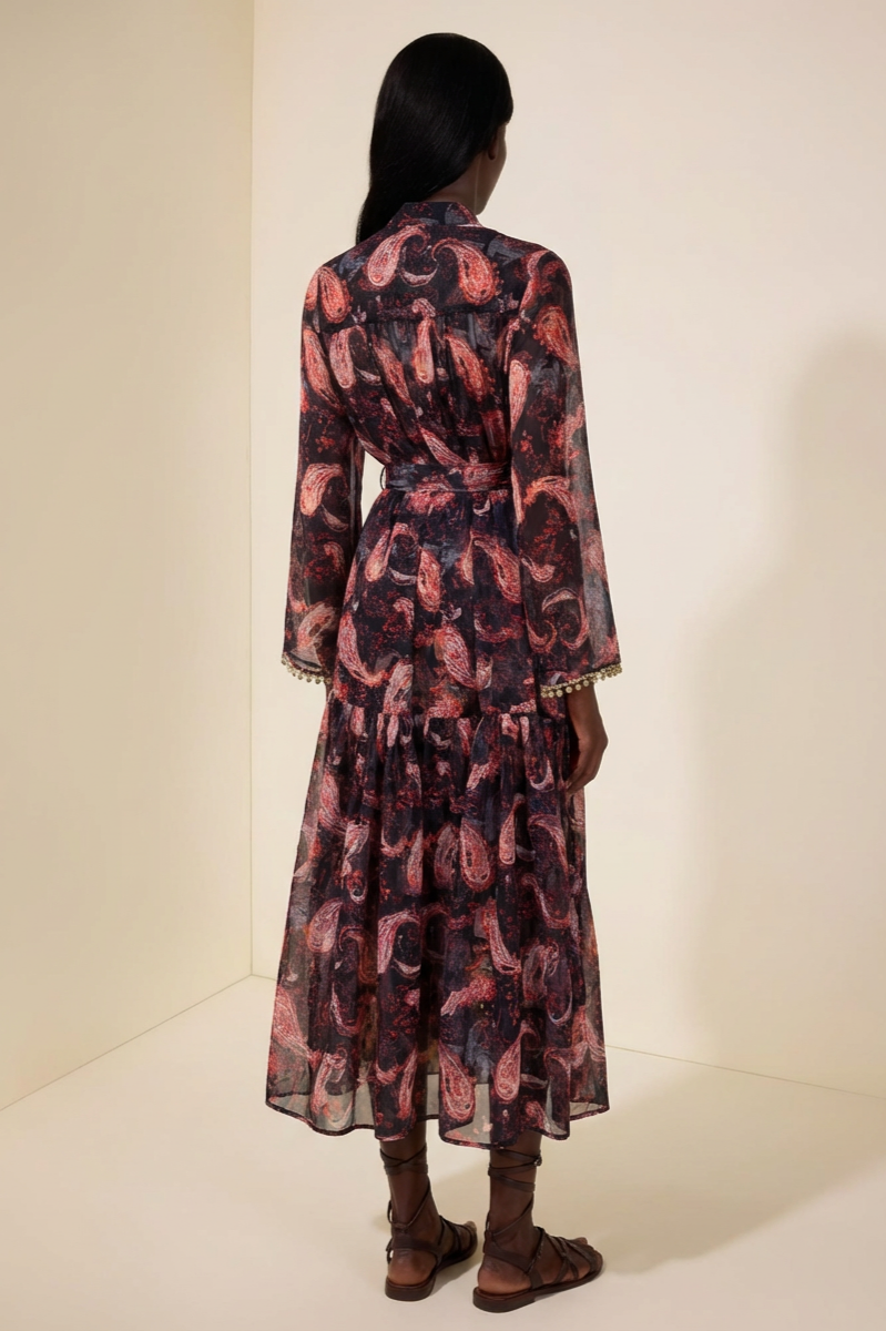 Paisley Print Stand Collar Lace Maxi Dress With Belt