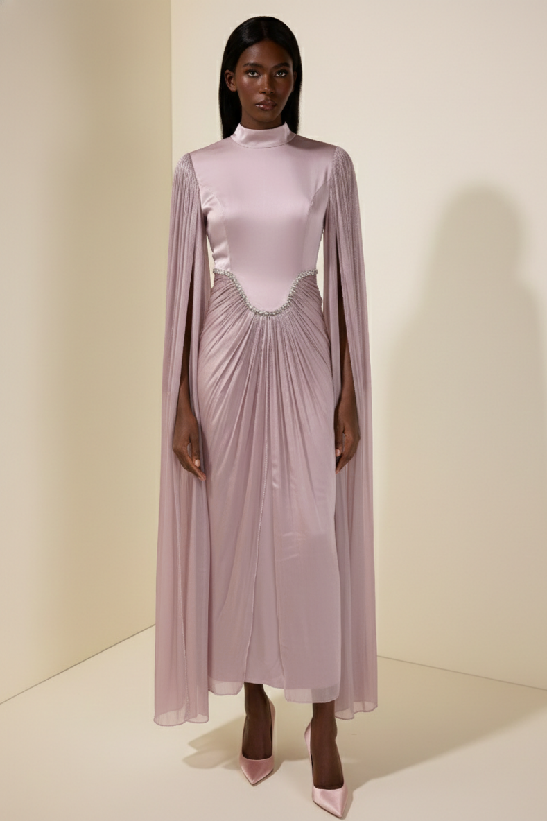 Satin Cape Sleeve Rhinestone Maxi Dress