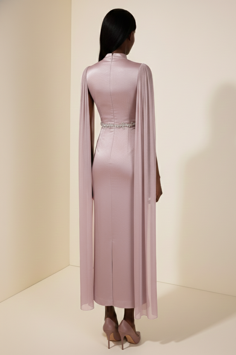 Satin Cape Sleeve Rhinestone Maxi Dress