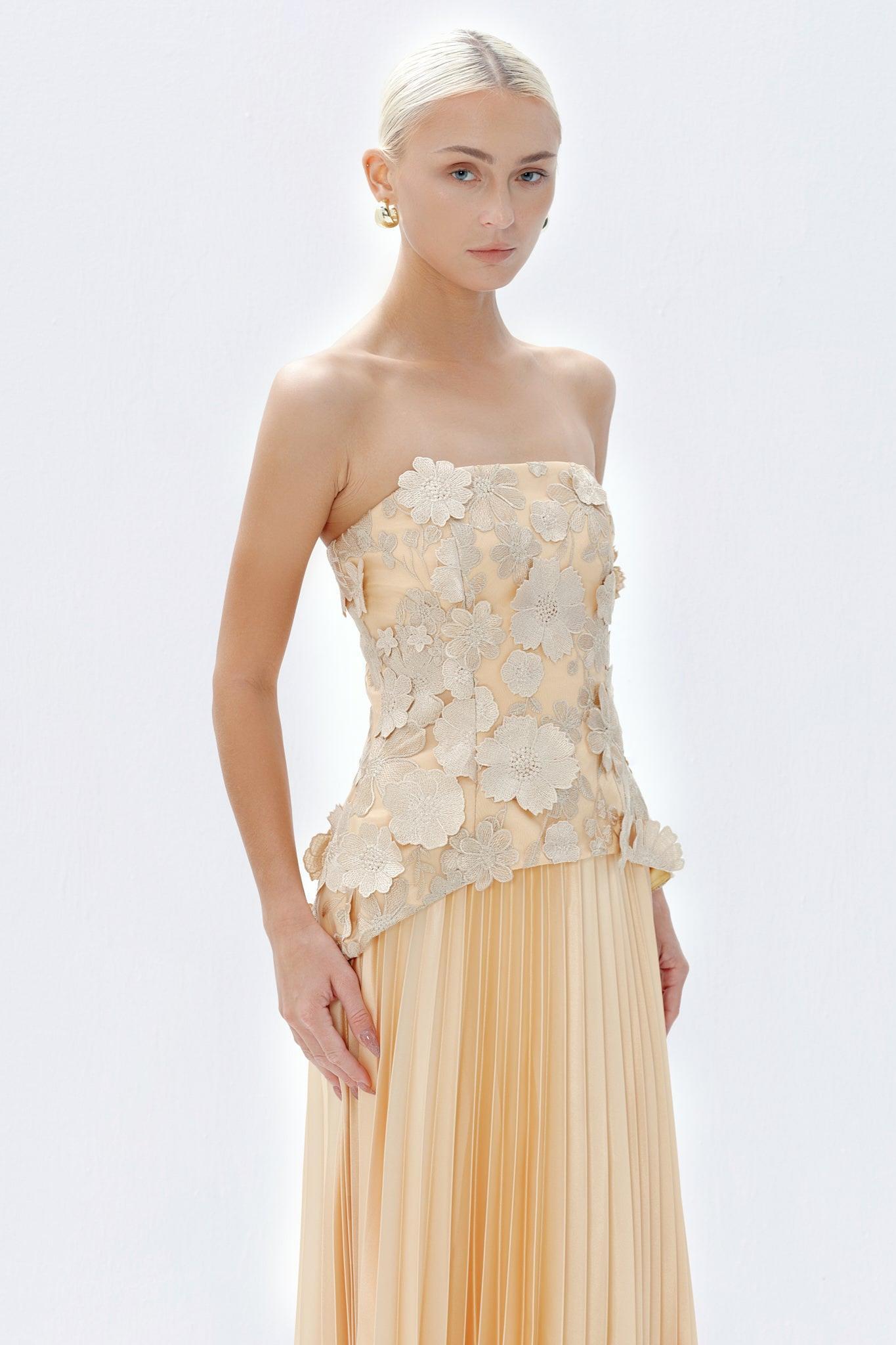 Embroidered Off-Shoulder Top & Hight Waist Pleated Maxi Skirt Set