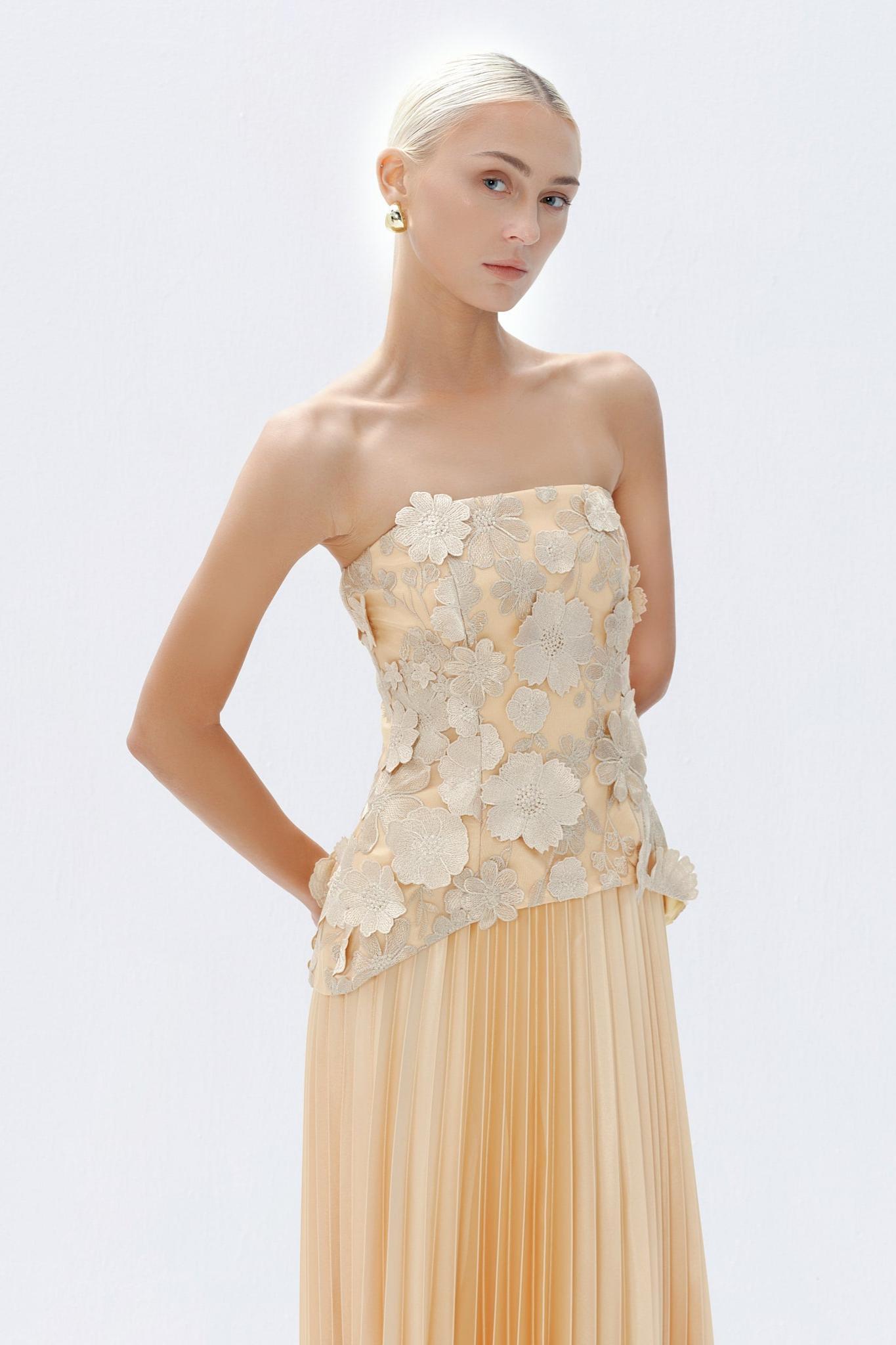 Embroidered Off-Shoulder Top & Hight Waist Pleated Maxi Skirt Set