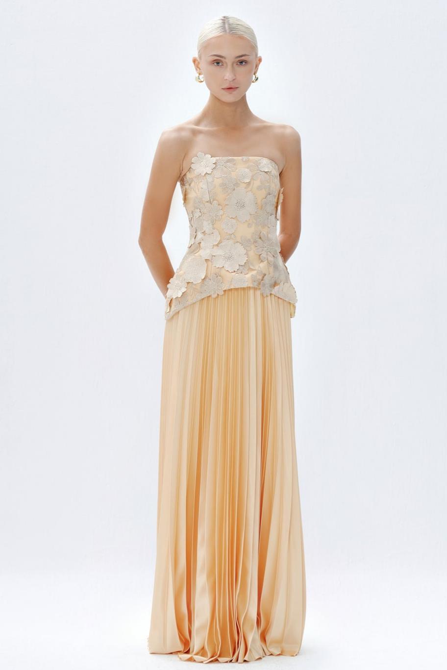 Embroidered Off-Shoulder Top & Hight Waist Pleated Maxi Skirt Set