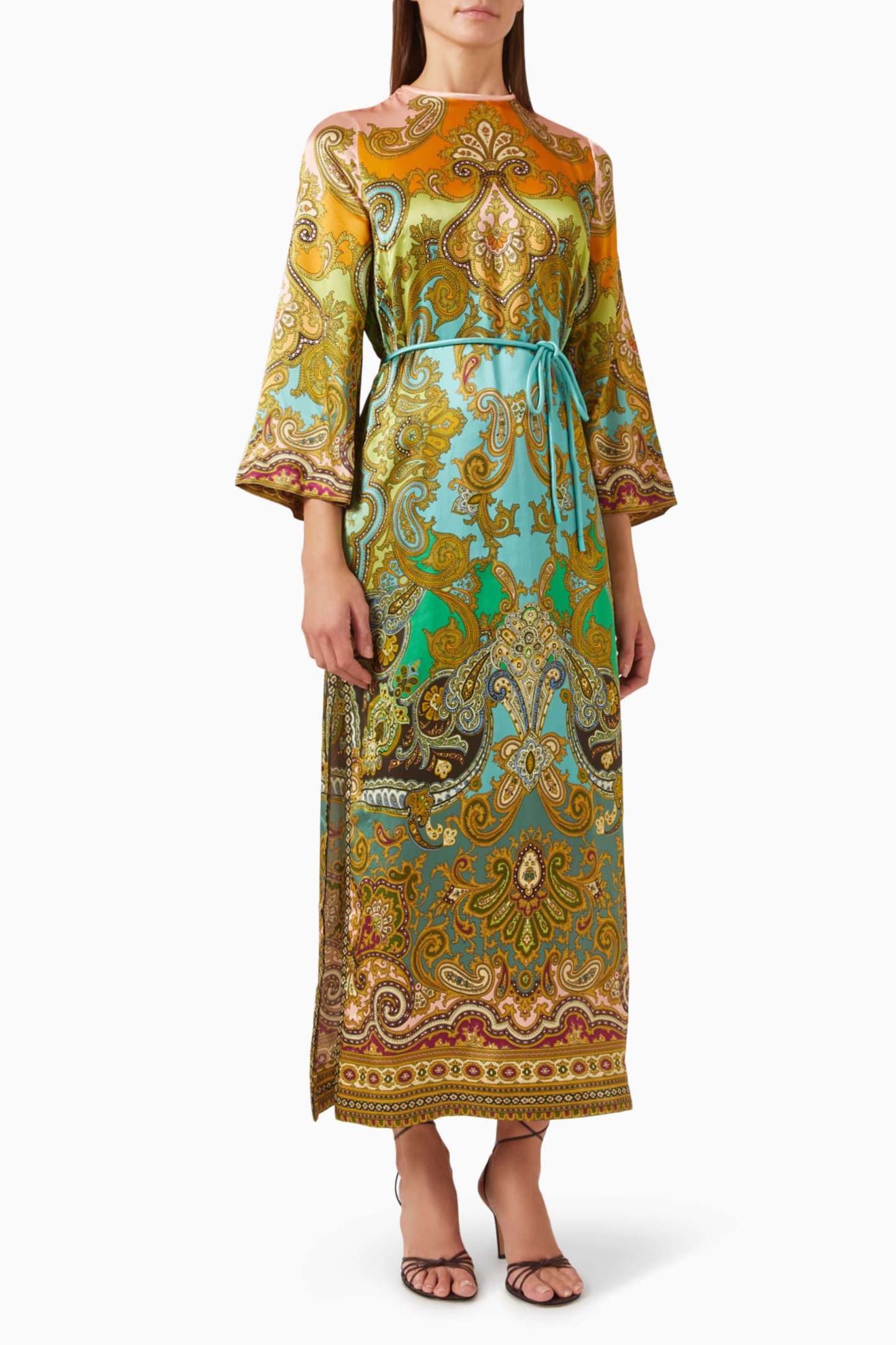 Paisley Print Bell Sleeve Slit Midi Dress