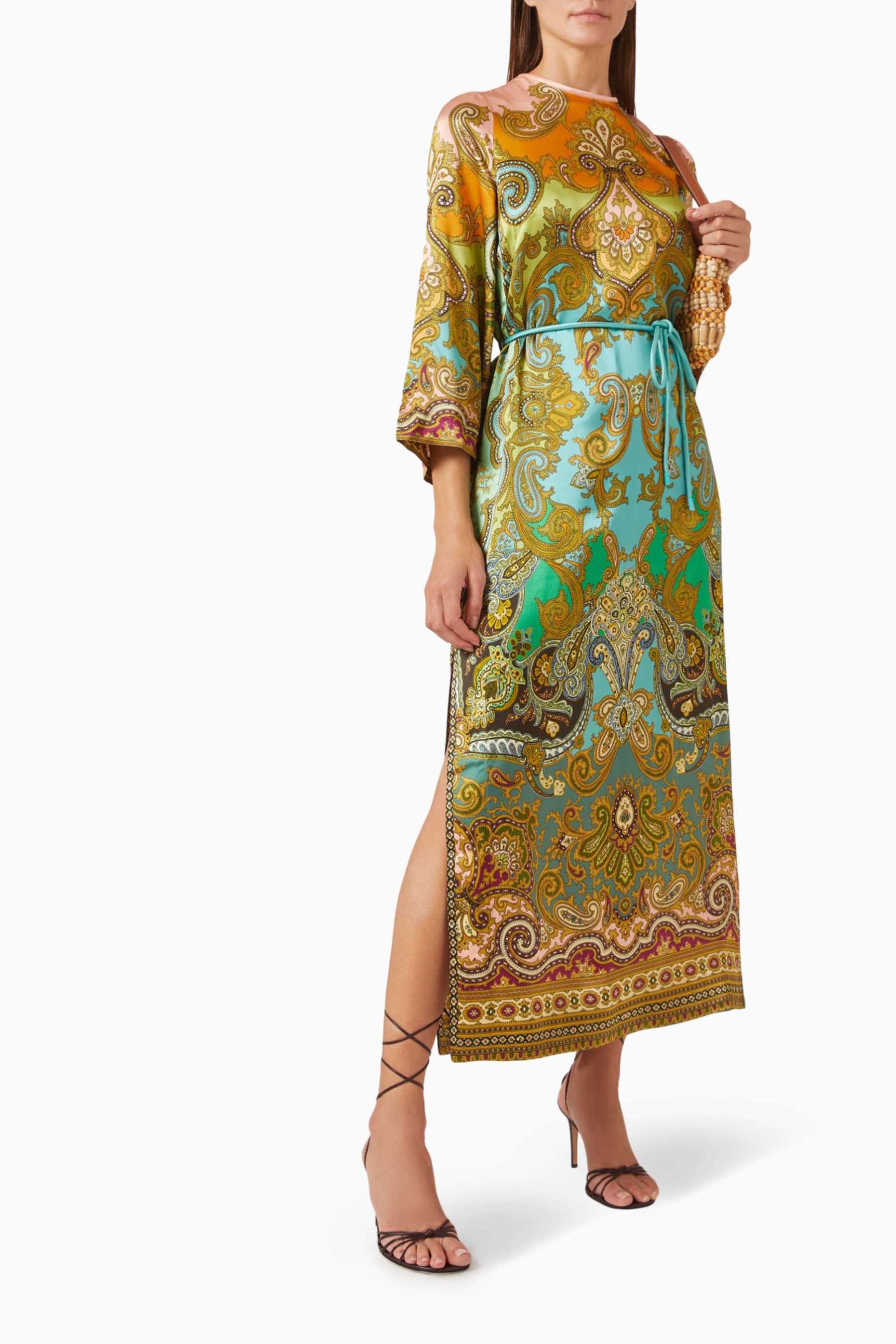 Paisley Print Bell Sleeve Slit Midi Dress