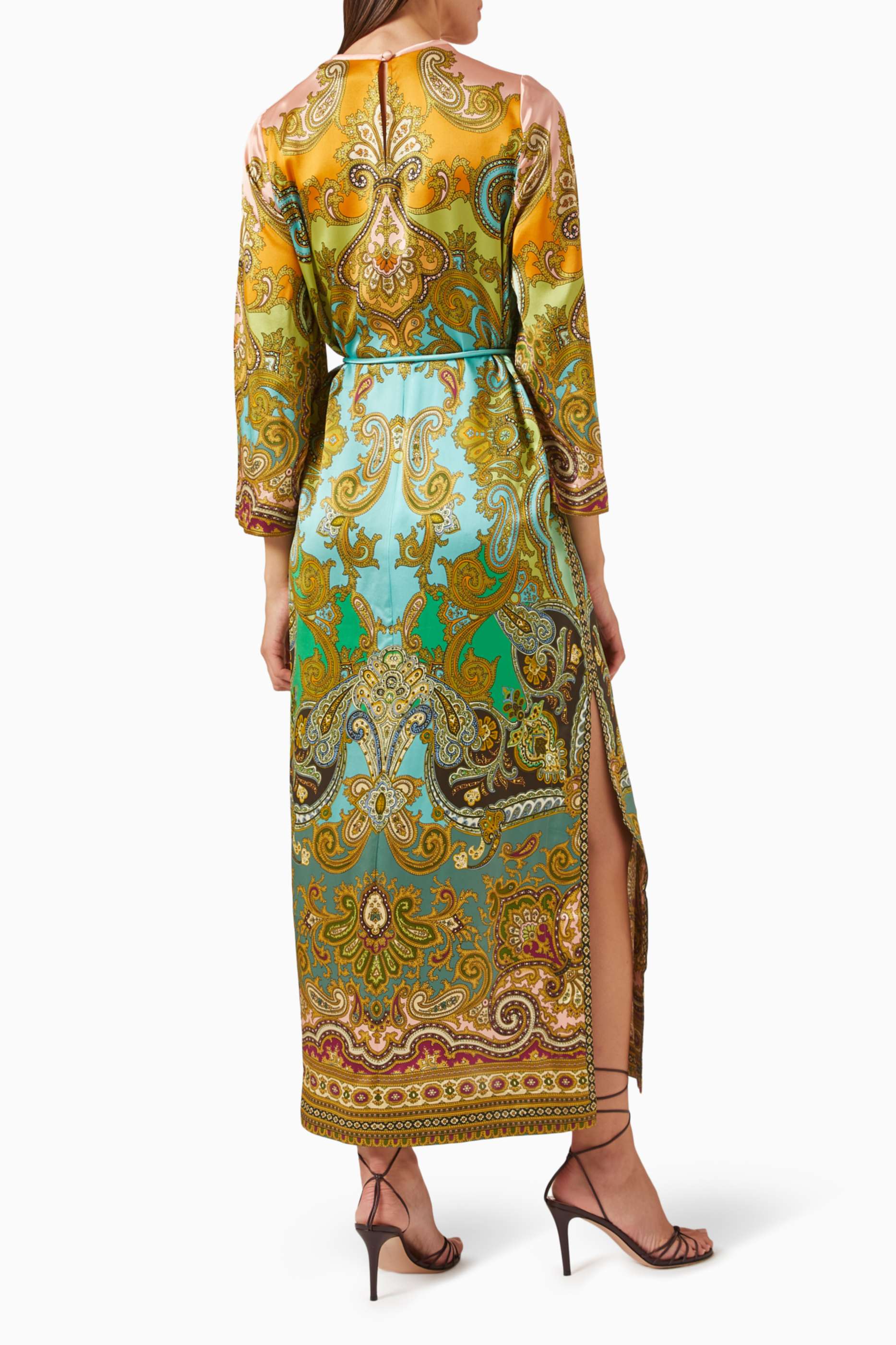Paisley Print Bell Sleeve Slit Midi Dress