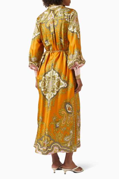 Paisley Print Shirt Collar Single Breasted Midi Dress