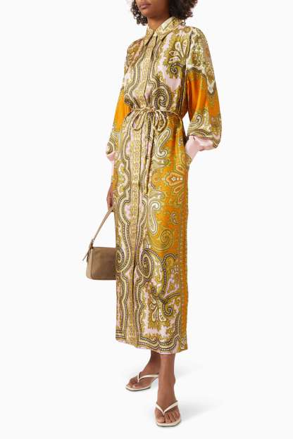 Paisley Print Shirt Collar Single Breasted Midi Dress