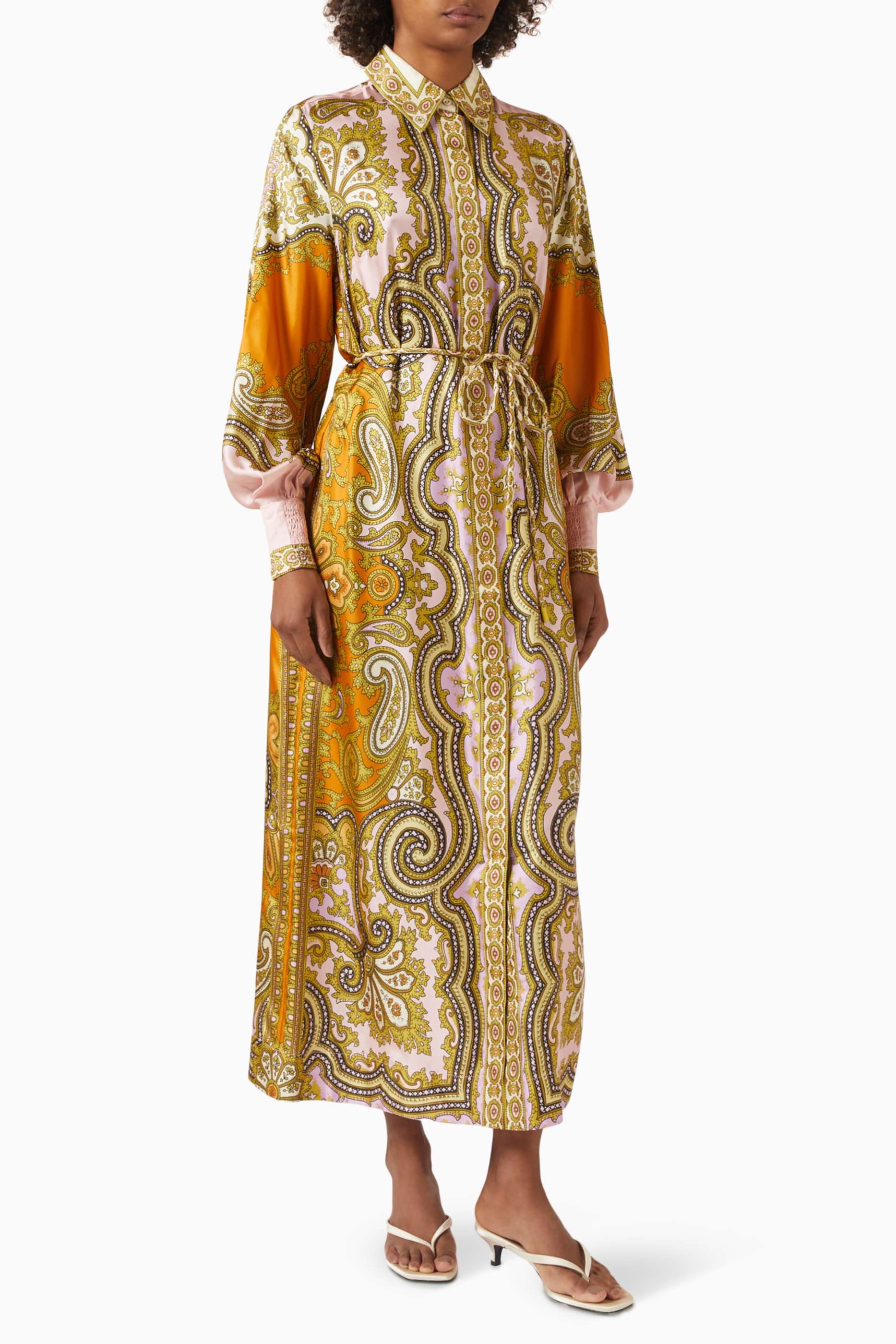 Paisley Print Shirt Collar Single Breasted Midi Dress