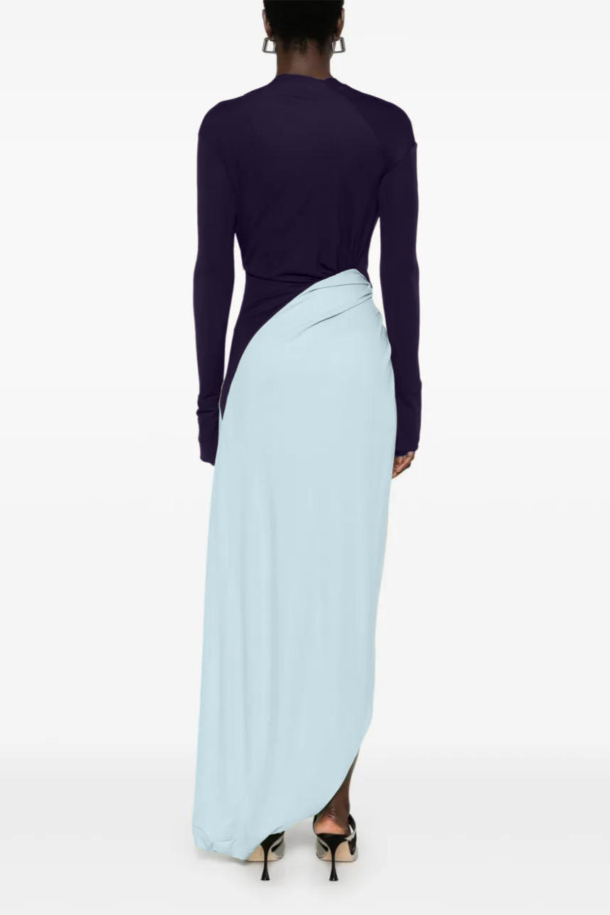 Contrast Color V-Neck Knotted Slit Maxi Dress