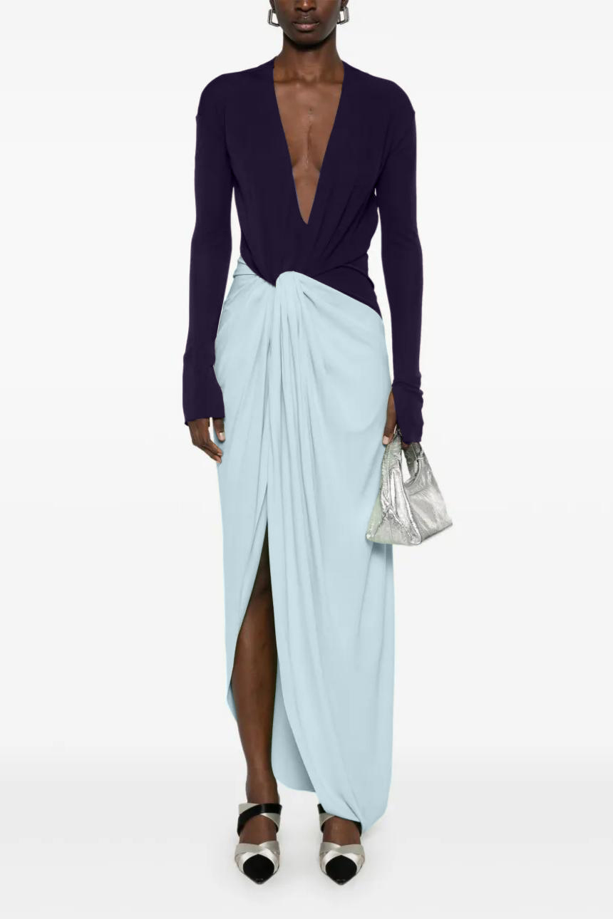 Contrast Color V-Neck Knotted Slit Maxi Dress