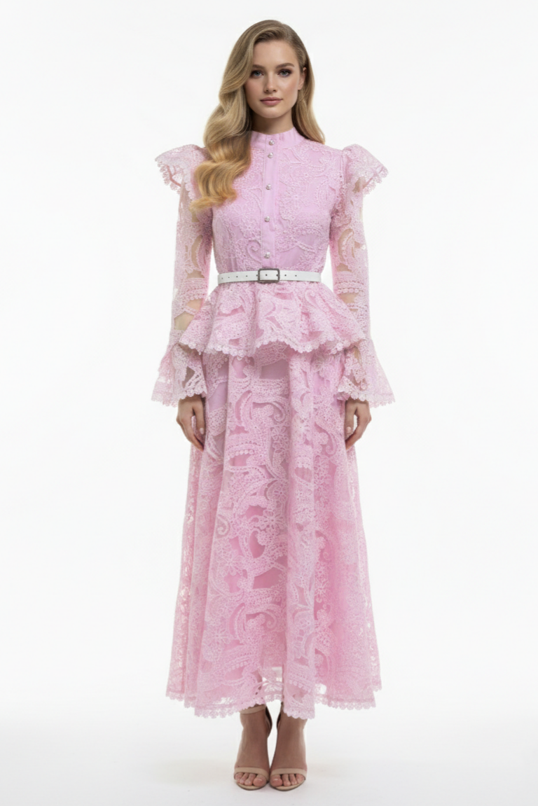 Organza Floral Ruffle Midi Dress With Belt