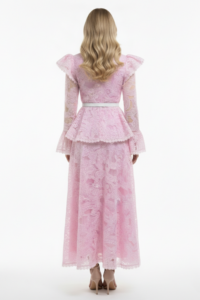 Organza Floral Ruffle Midi Dress With Belt