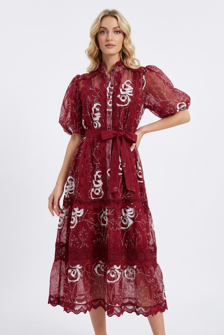 Lace Embroidered Puff Sleeve Maxi Dress