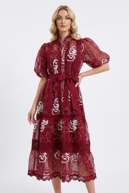 Lace Embroidered Puff Sleeve Maxi Dress