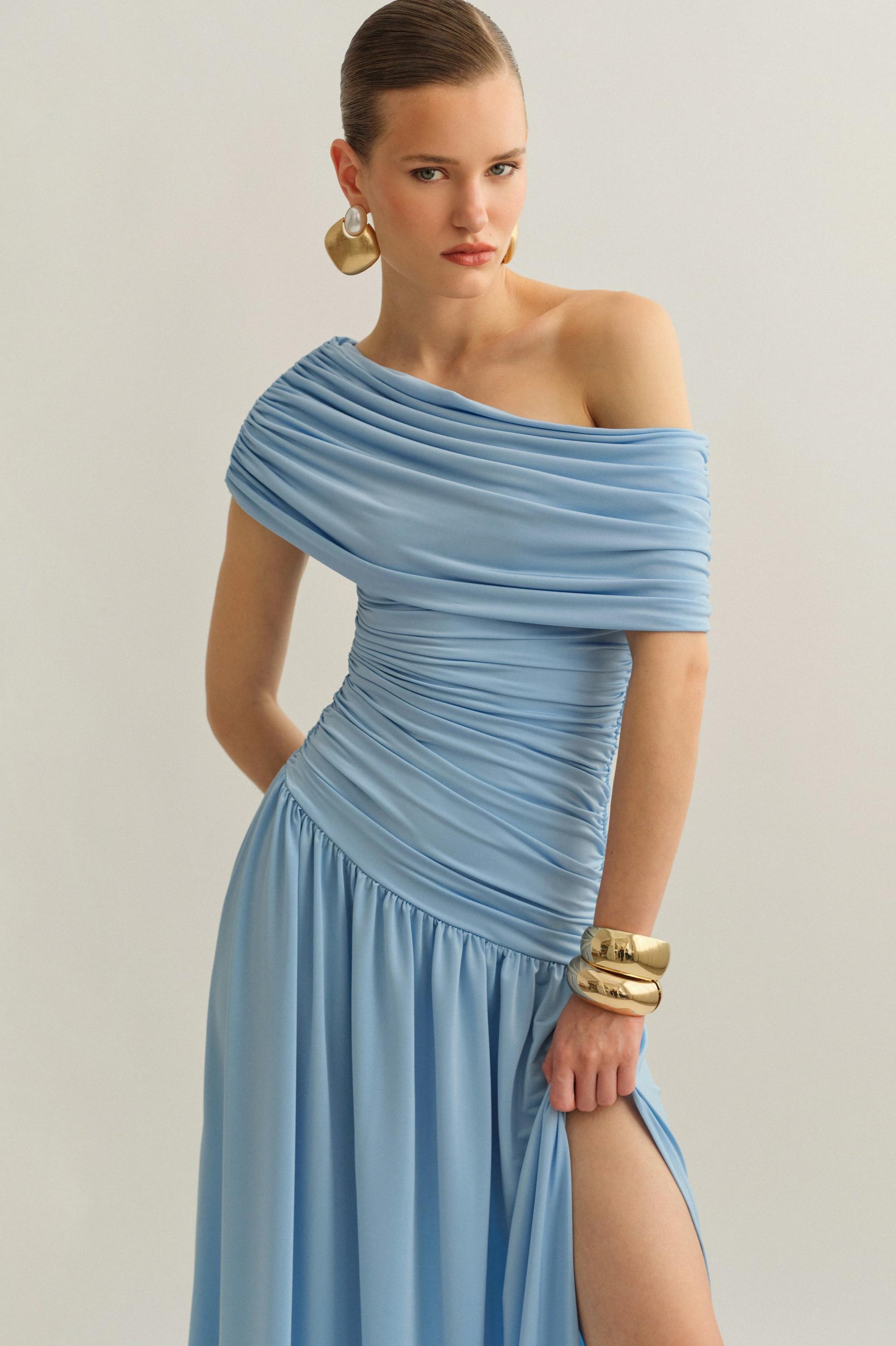 Jersey Skew Collar Slit Maxi Dress