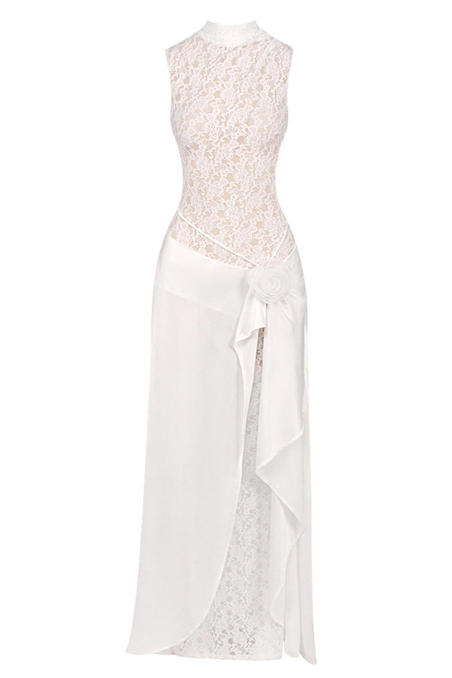 Lace Splicing Satin 3D Flower Maxi Dress