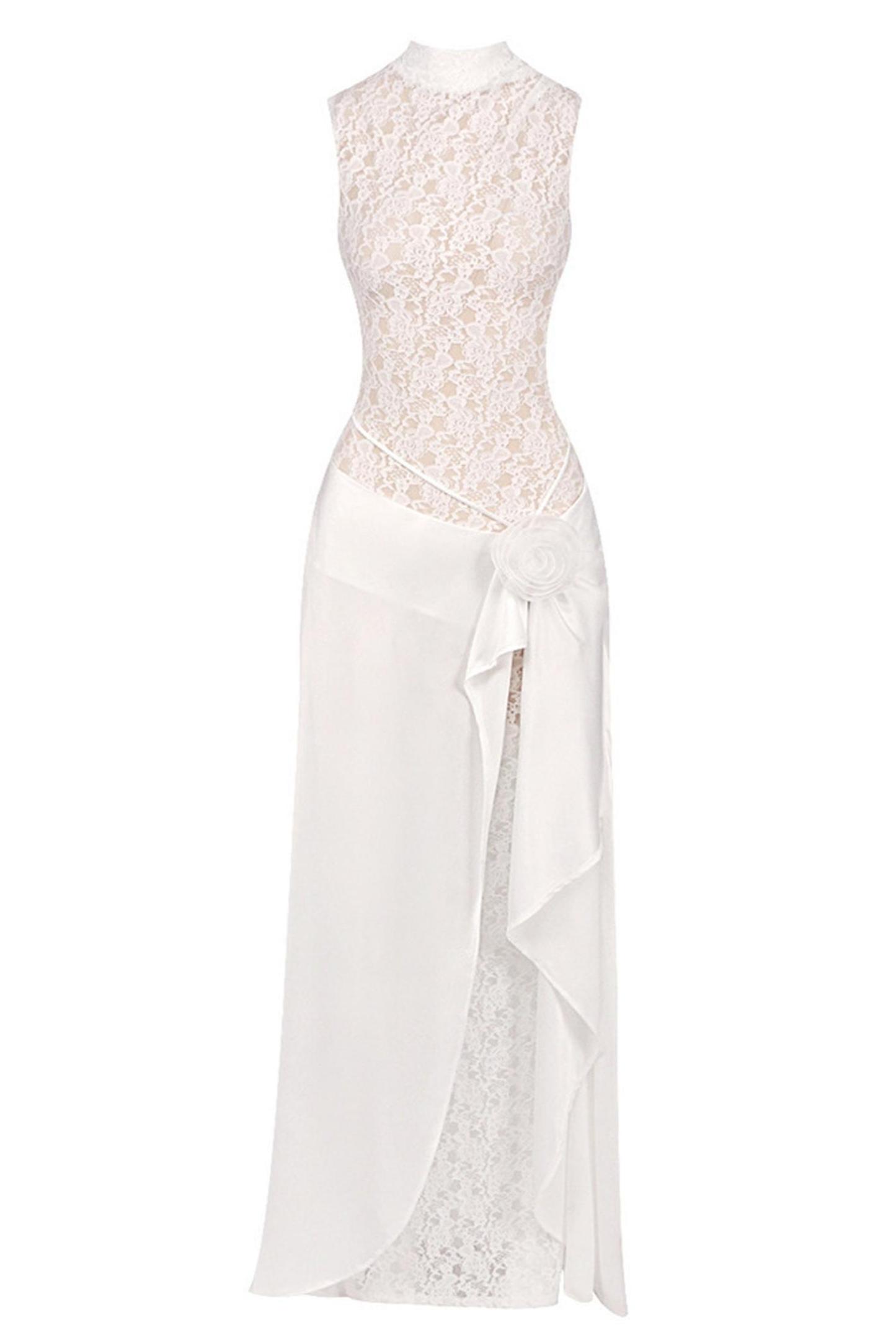 Lace Splicing Satin 3D Flower Maxi Dress