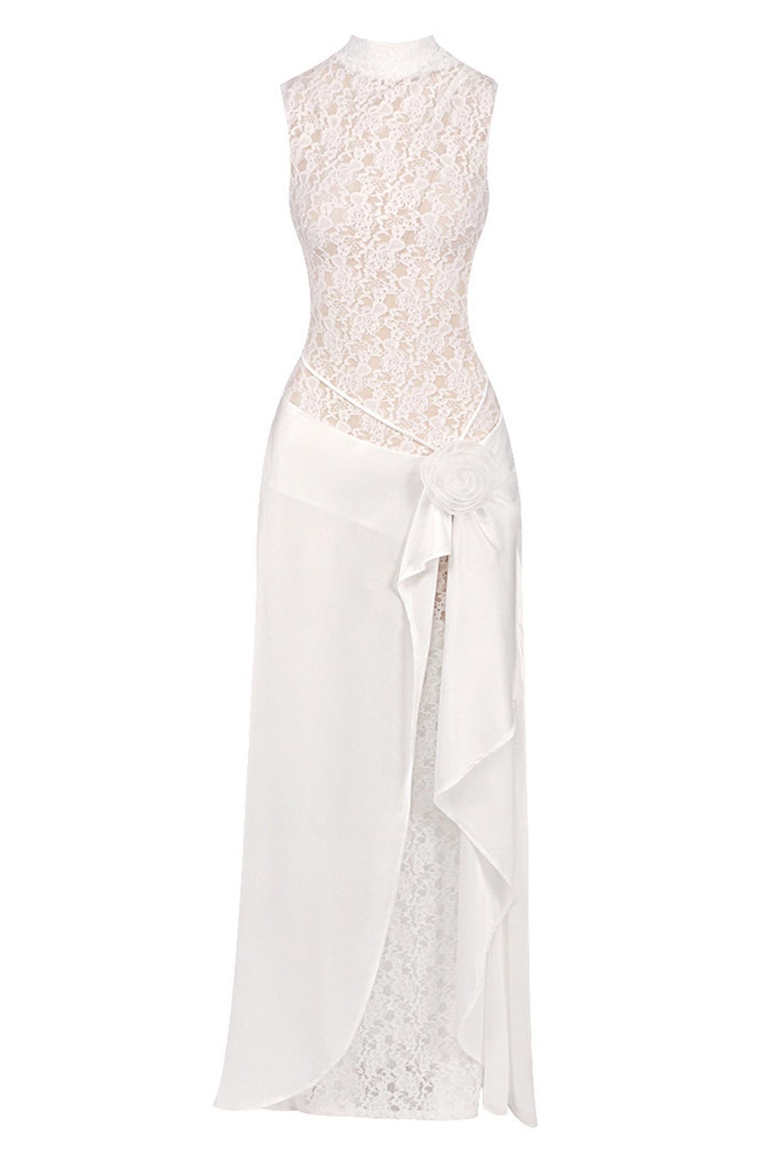 Lace Splicing Satin 3D Flower Maxi Dress