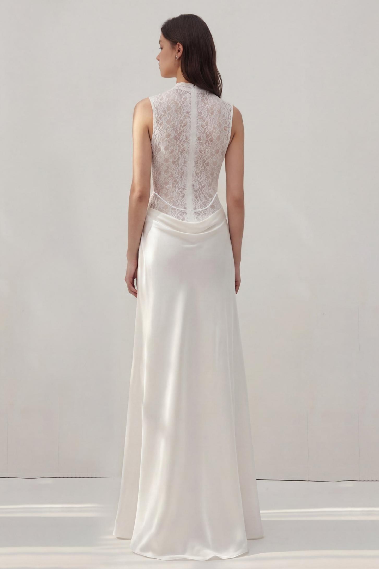 Lace Splicing Satin 3D Flower Maxi Dress