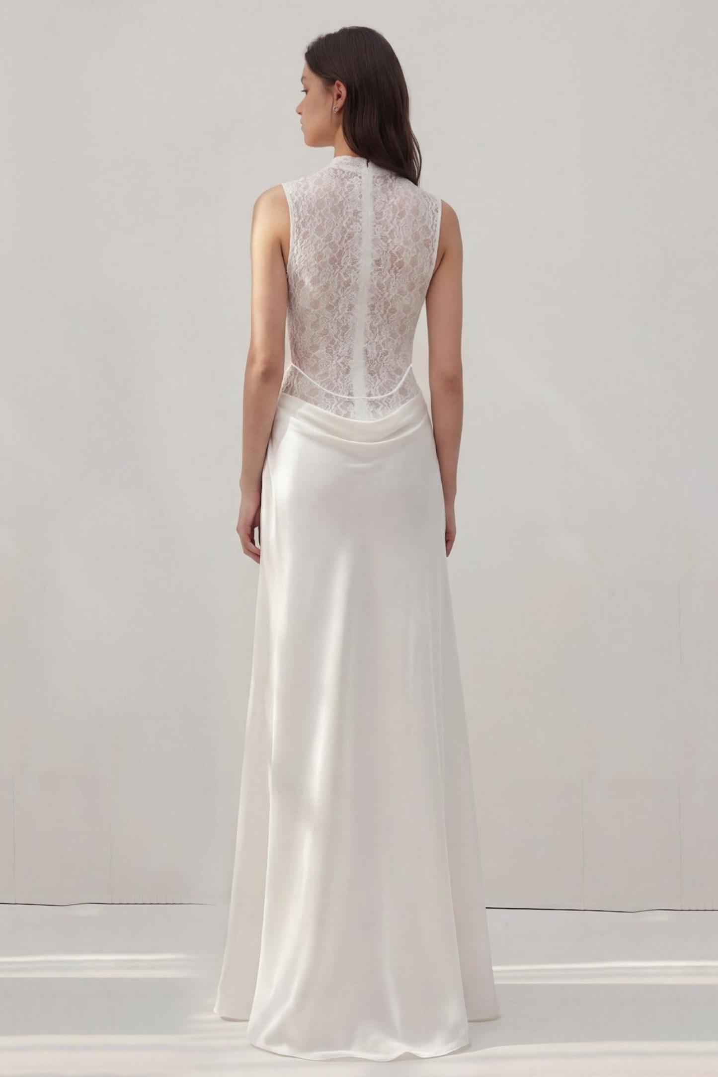 Lace Splicing Satin 3D Flower Maxi Dress