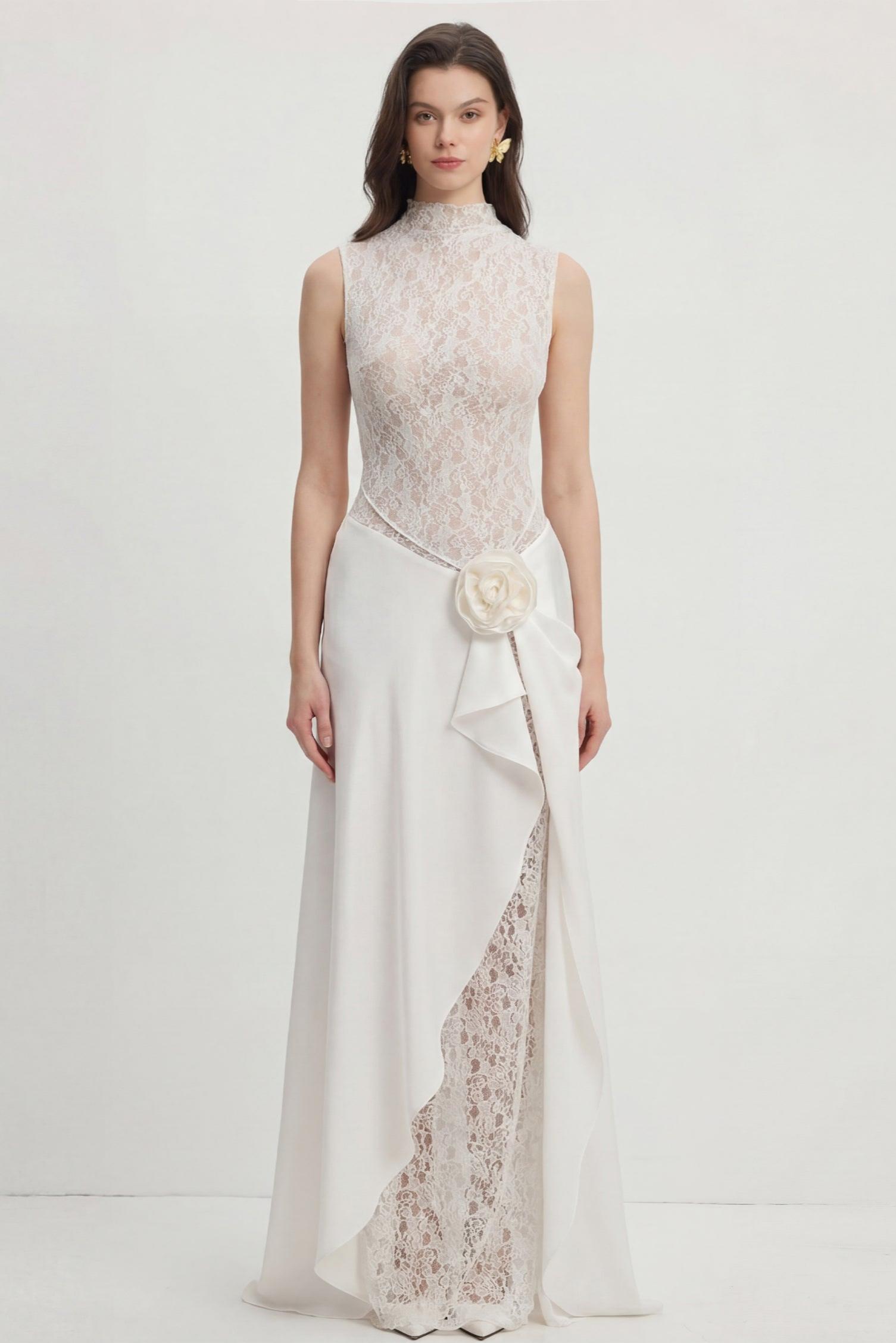 Lace Splicing Satin 3D Flower Maxi Dress