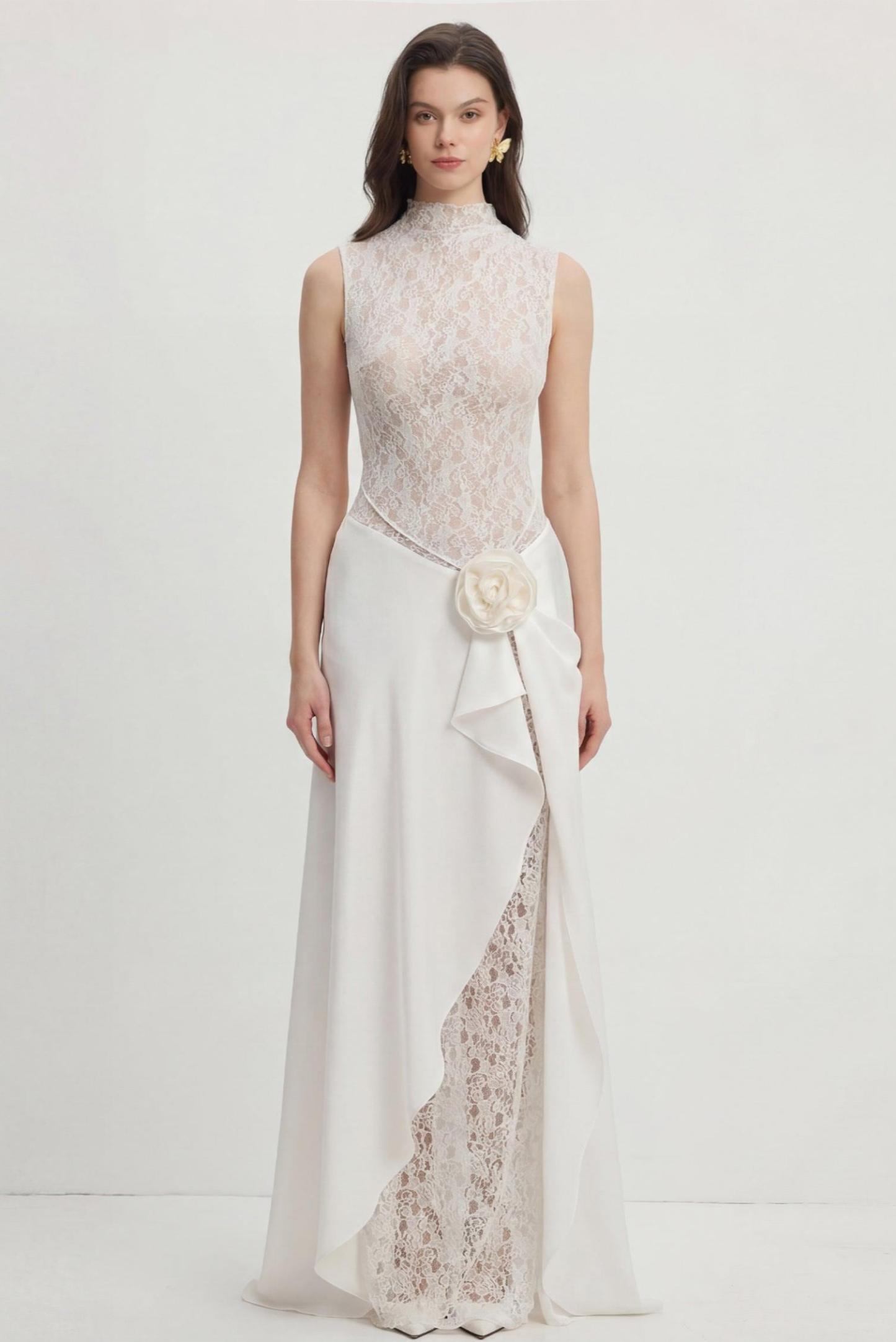 Lace Splicing Satin 3D Flower Maxi Dress