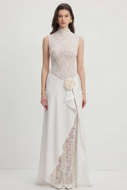 Lace Splicing Satin 3D Flower Maxi Dress