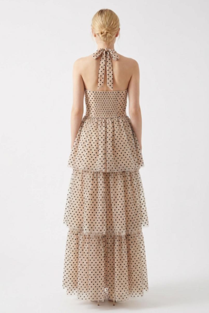 Mesh Flock Polka Dot Halter Neck Maxi Dress