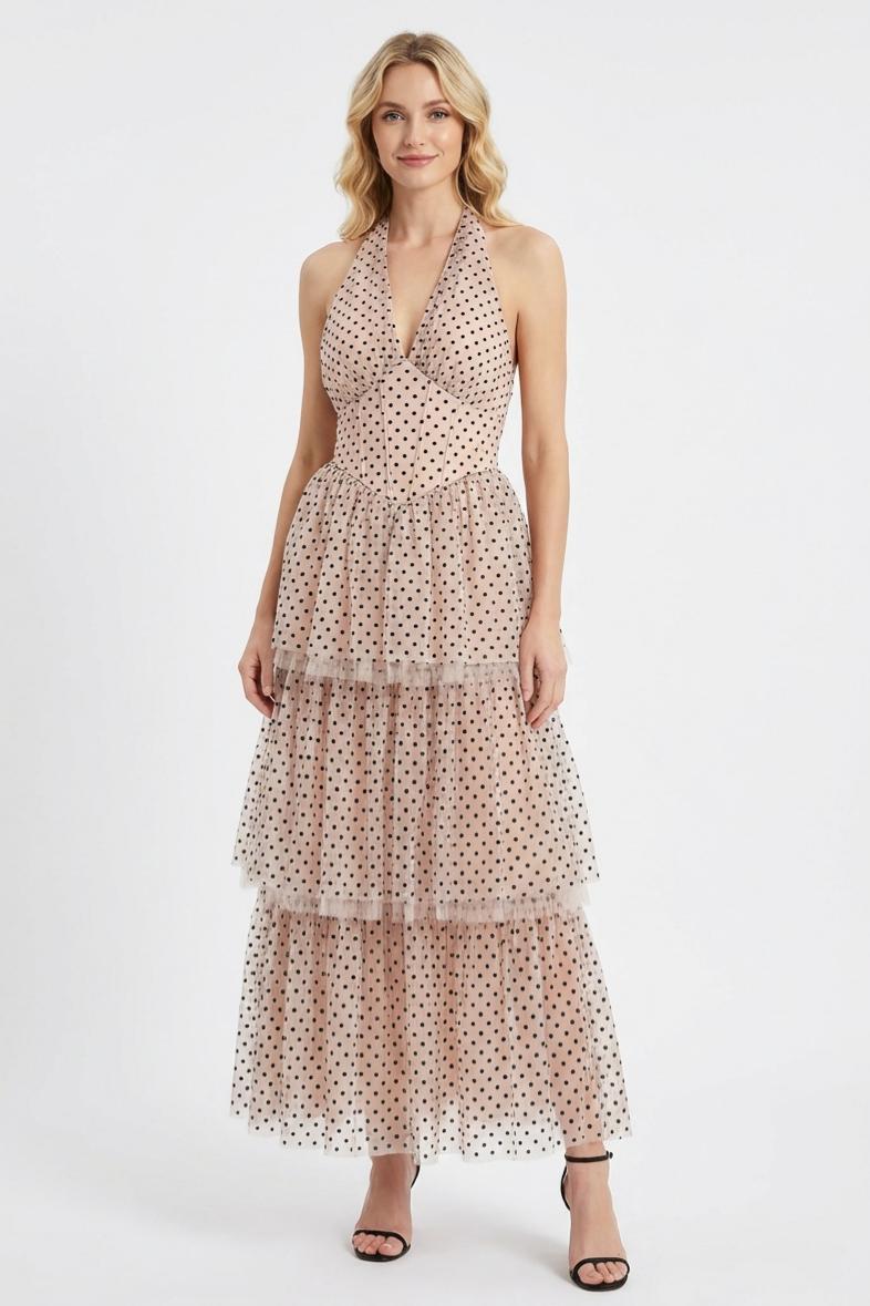 Mesh Flock Polka Dot Halter Neck Maxi Dress