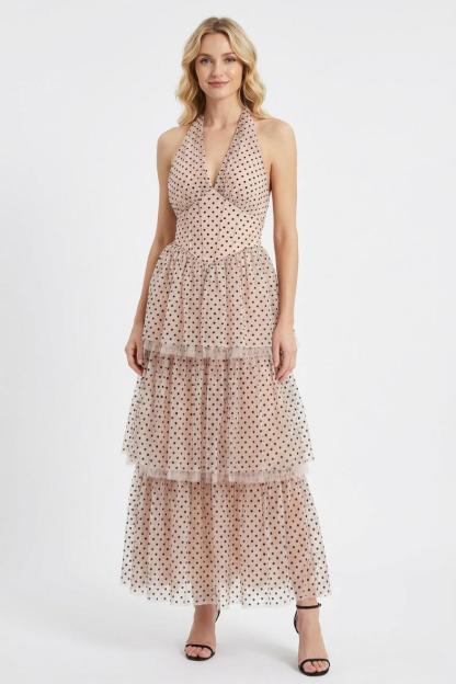 Mesh Flock Polka Dot Halter Neck Maxi Dress