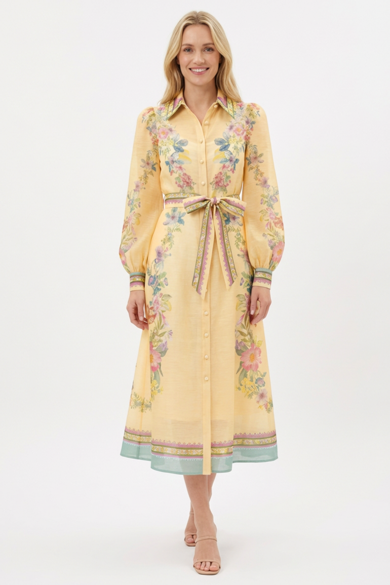 Floral Flapped Single Breasted Midi Dress With Belt