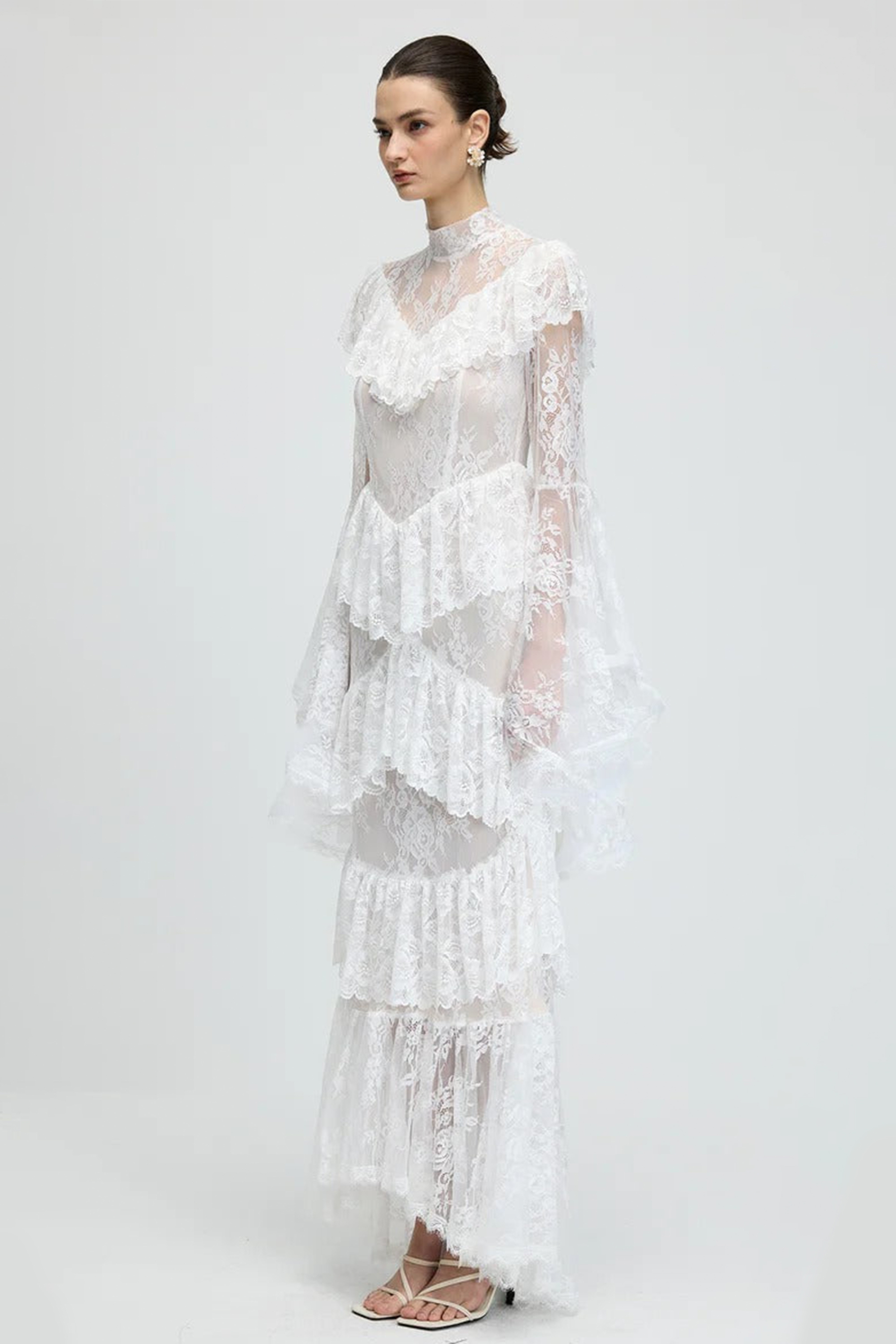 Lace Ruffle See-Through Maxi Dress