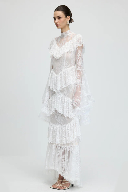 Lace Ruffle See-Through Maxi Dress