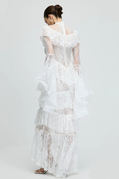 Lace Ruffle See-Through Maxi Dress