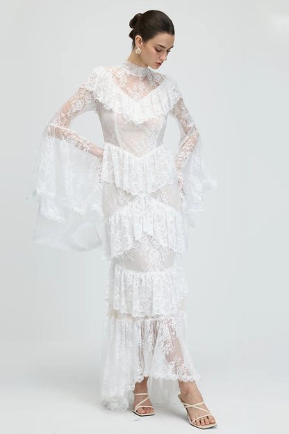 Lace Ruffle See-Through Maxi Dress