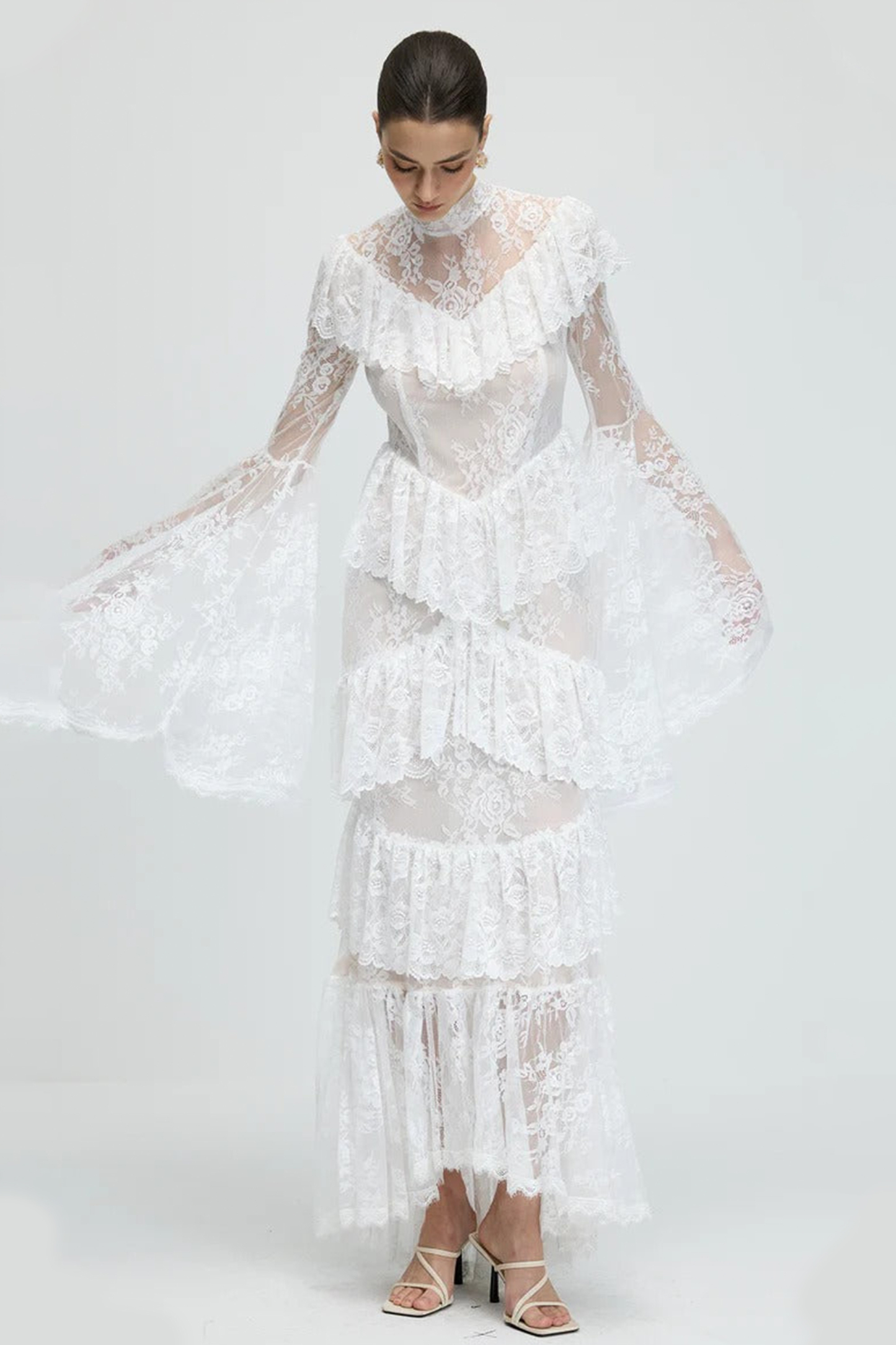 Lace Ruffle See-Through Maxi Dress