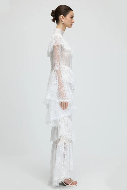 Lace Ruffle See-Through Maxi Dress