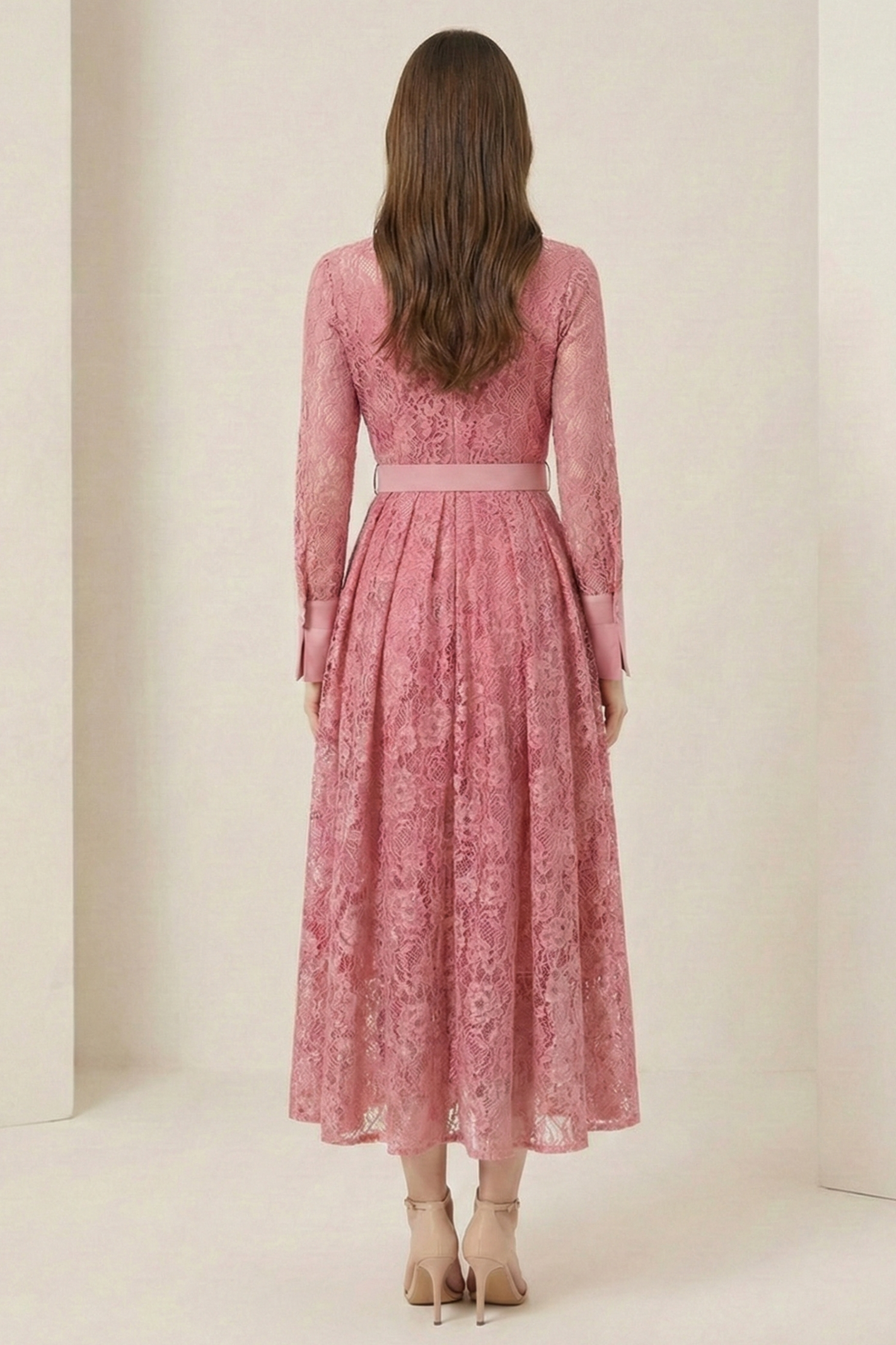 Lace Rivet Shirt Collar Midi Dress With Belt