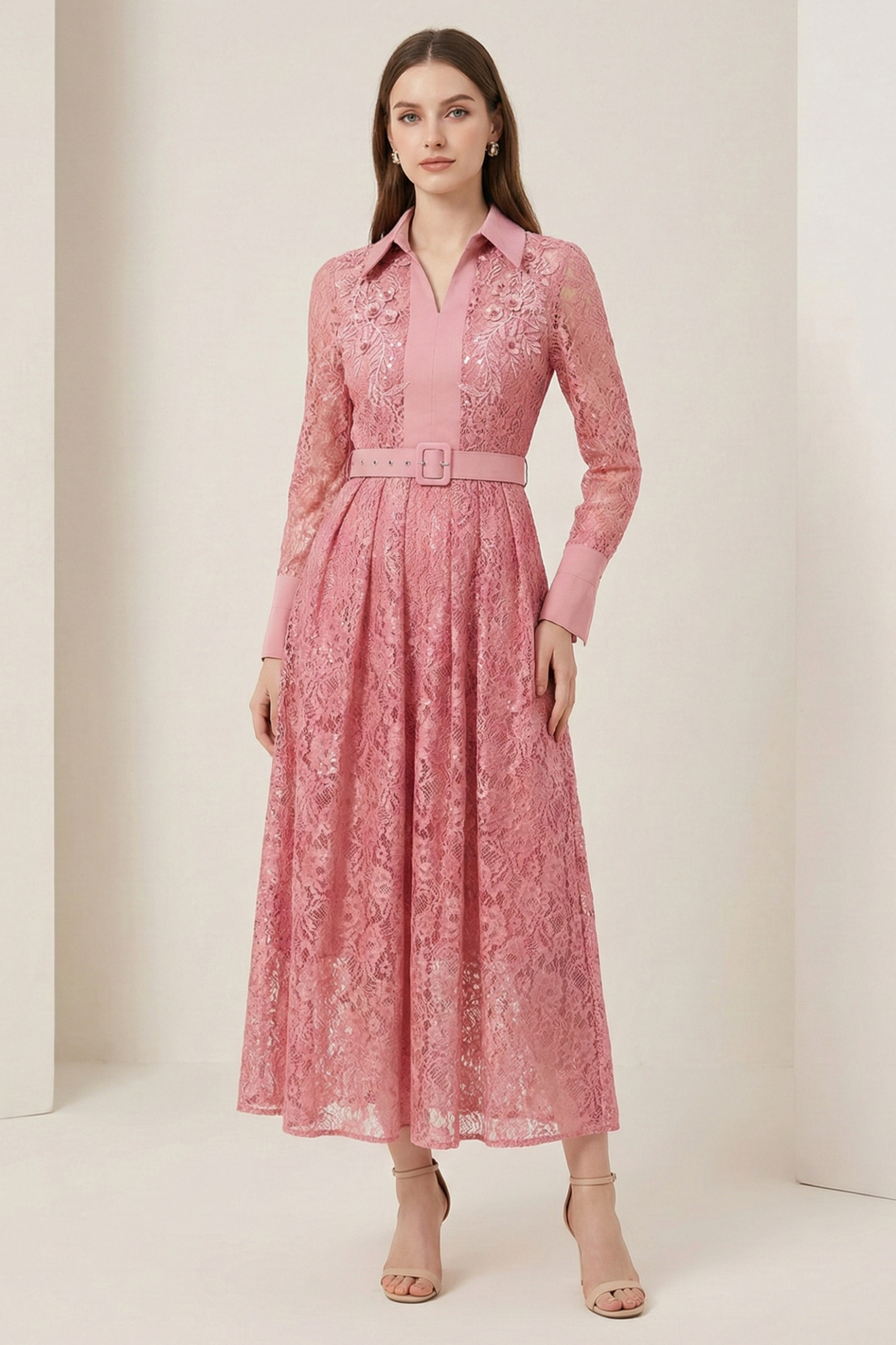 Lace Rivet Shirt Collar Midi Dress With Belt