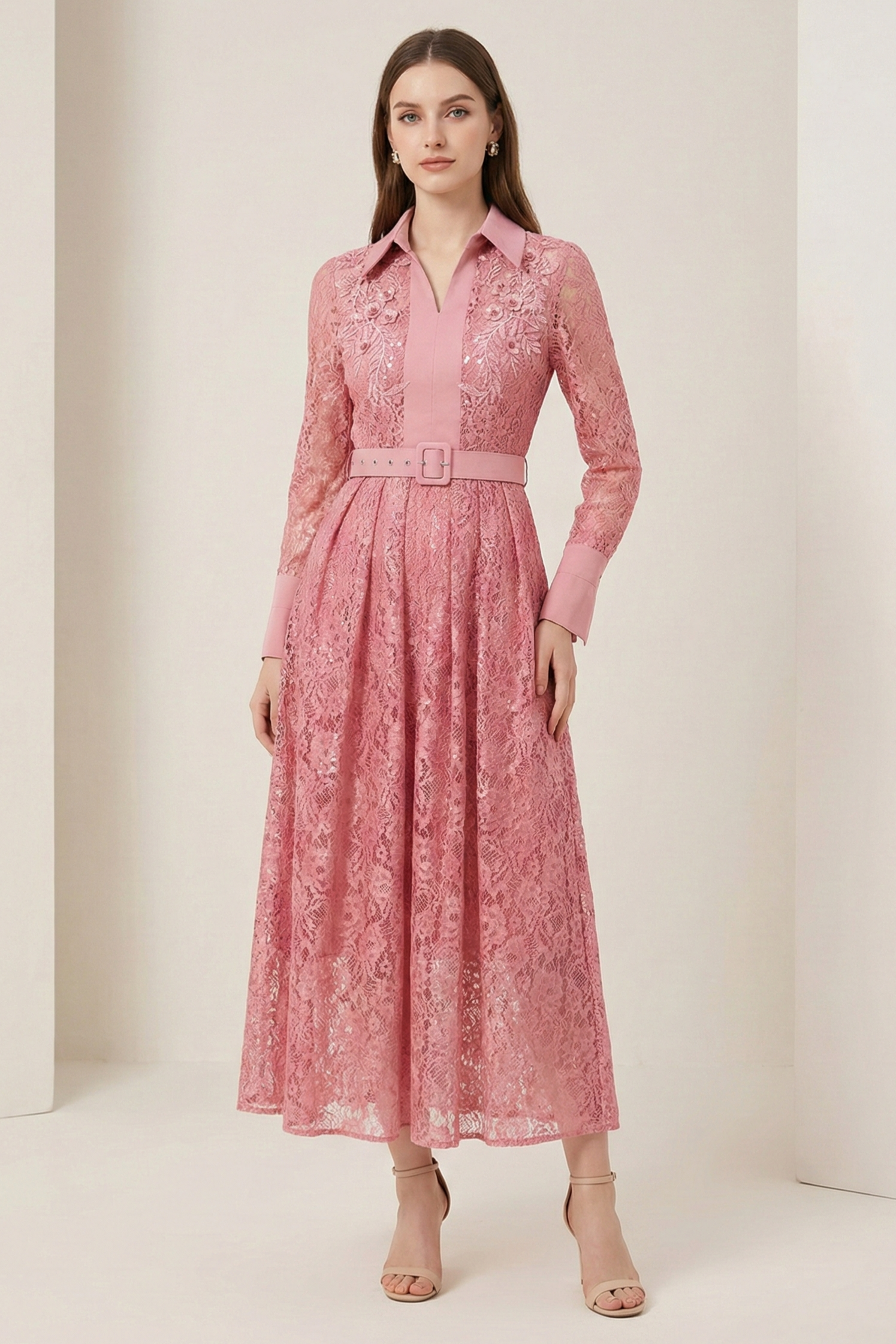 Lace Rivet Shirt Collar Midi Dress With Belt