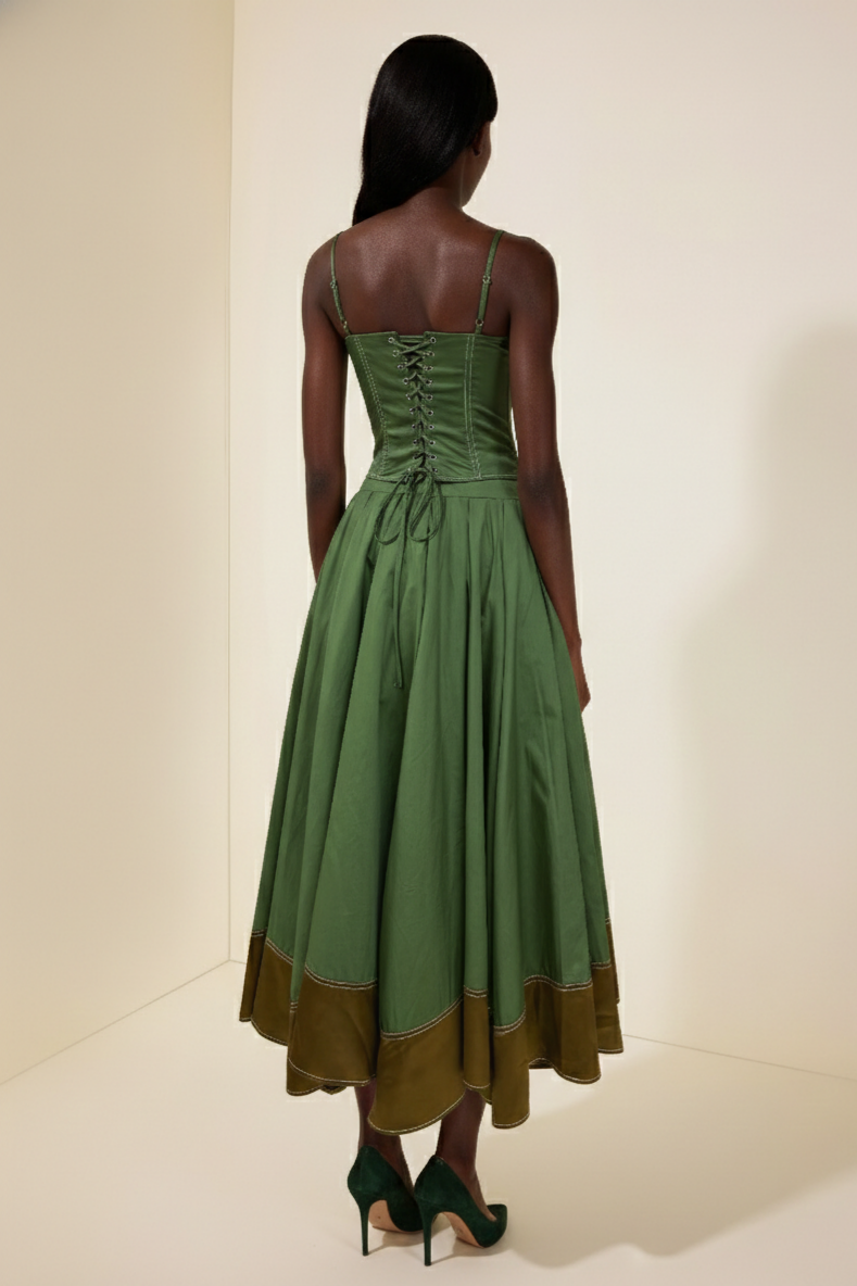 Contrast Color Lace-Up Slip Top & Skirt Set