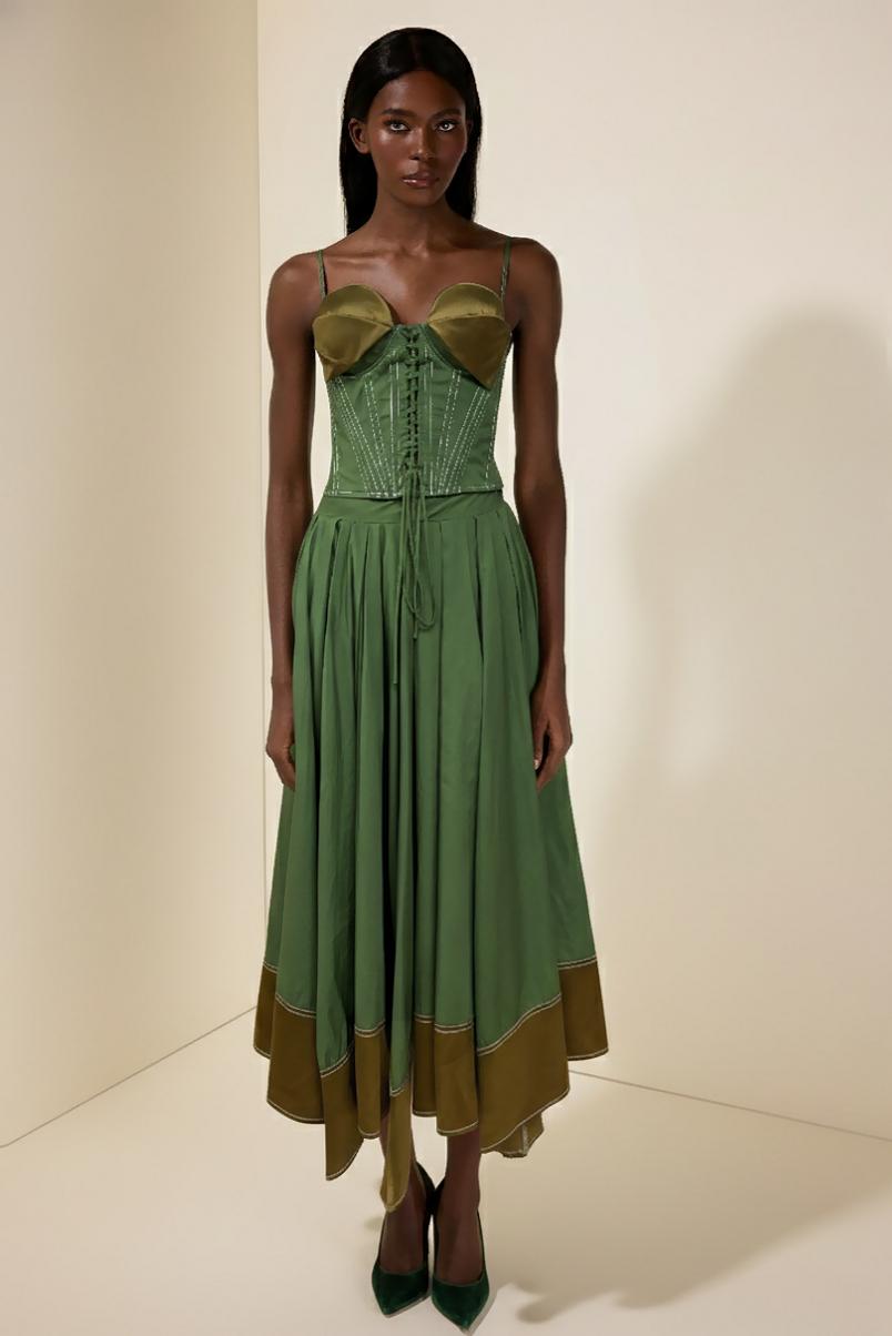 Contrast Color Lace-Up Slip Top & Skirt Set